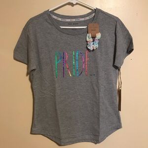 Rae Dunn Pride Graphic Tee Shirt Grey with Metallic Rainbow NEW